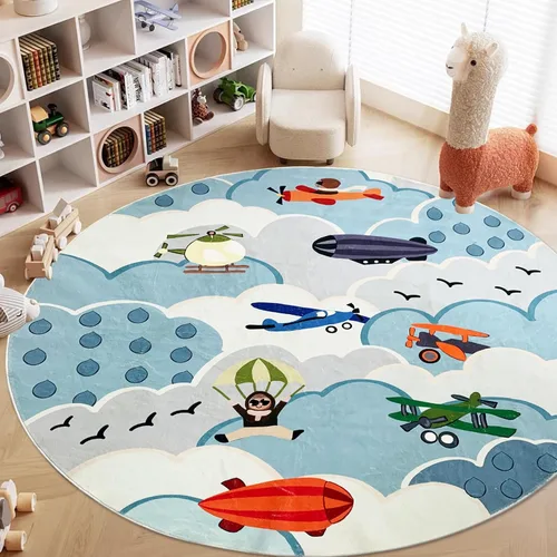 Vista 9 de ABREEZE Alfombra de juego de lana sintética para niños, 4 pies, alfombra redonda de animales, alfombra de felpa suave antideslizante para León