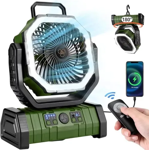 Vista 2 de Ventilador de exterior F6 – ventiladores portátiles personales recargables con luz LED y control remoto – ventilador de viaje plegable (verde)