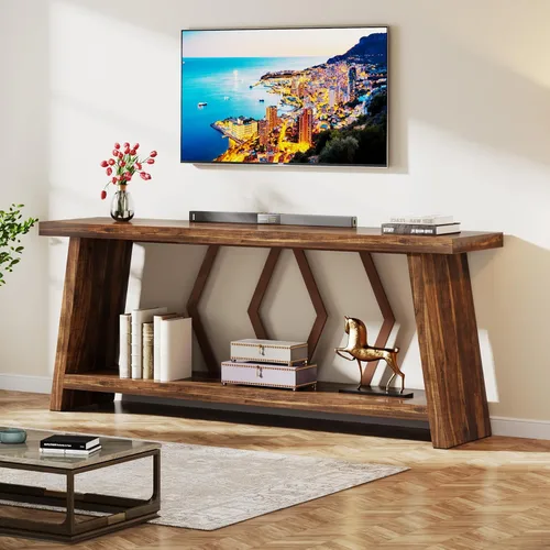 Vista 8 de Tribesigns Mesa consola de granja de 70.86 pulgadas, mesa de entrada de sofá largo industrial estrecha con almacenamiento, sofá de madera de 2 Marrón