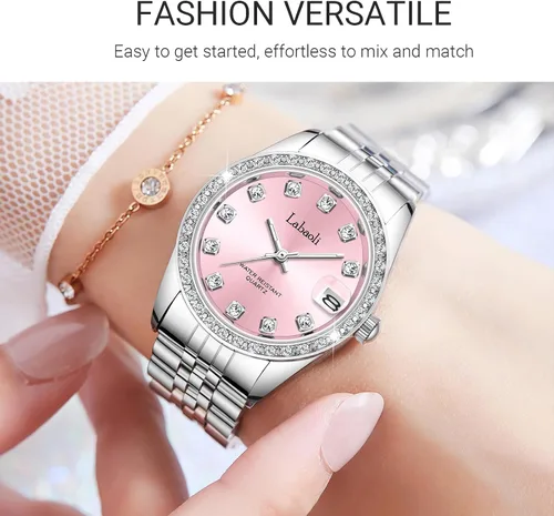 Vista 4 de Pulsera de metal con correa impermeable para mujer, cuarzo, calendario, cronógrafo, relojes de pulsera para mujer (plata + rosa), PlataRosa, Reloj