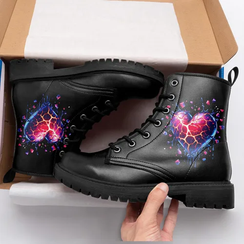 Vista 2 de Botines de combate para mujer, con estampado de corazón, botines cortos de moda con rosas y calavera, botas de trabajo duraderas con cordones