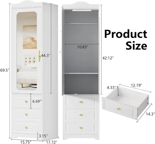 Vista 2 de Armario de Clóset, Armarios de Dormitorio Blancos con Puerta de Espejo y 6 Cajones, Armario de Almacenamiento de Ropa de 15.7" de Ancho/69.5