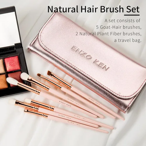 Vista 3 de ENZO KEN Juego de brochas de sombra de ojos de pelo natural de cabra profesional, juego de brochas de mezcla de sombra de ojos con estuche, pinceles