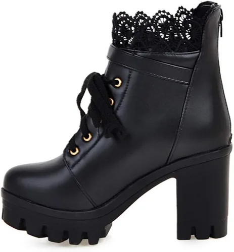 Vista 7 de Hbeylia Botas de combate de plataforma para mujer botas de cuero con encaje grueso botines de cuero gótico antideslizantes tacones altos botas