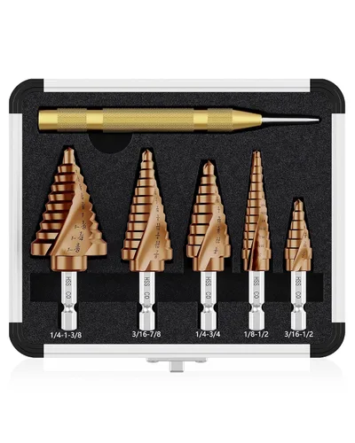 Vista 12 de Broca de cuatro Sprial Flauta M35 de cobalto, 1/4"-1-1/8" Ultra TiAIN recubierta Unibit broca, broca de vástago hexagonal de 1/4" para metal, acero