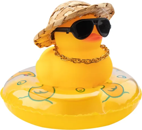 Vista 49 de wonuu Pato de goma para automóvil, decoración de pato amarillo con sombrero para el sol, anillo de natación, collar, gafas de sol para decoración