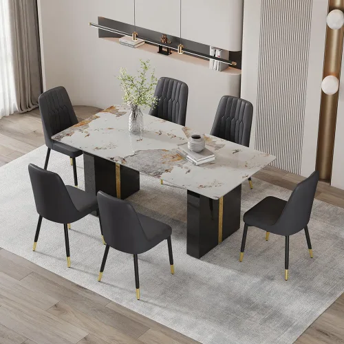 Vista 8 de Mesa de comedor moderna para mesa de comedor de mármol sintético blanco de 6, 8, 71 pulgadas, con patas negras y doradas, mesa de cocina rectangular