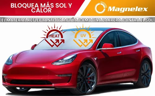 Vista 4 de Magnelex Parasol para parabrisas Tesla para el modelo 3 y el modelo Y 2017-2026, parasol reflectante de material 240T con recorte de espejo