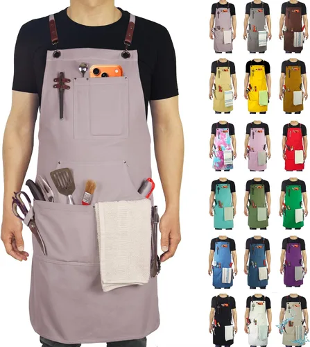 Vista 10 de Delantal de Cocina, Delantal de Trabajo, Lona, Múltiples Bolsillos, Jardinería, Pintura, BBQ, Artista, Carpintero, Tallas M a XXL, Ámbar