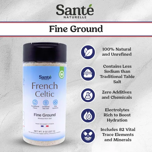 Vista 2 de Sante Naturelle Celtic Salt - Salero de sal marina molida fina – 8 oz. Sal marina francesa sin refinar orgánica, rica en más de 82 minerales, 100%