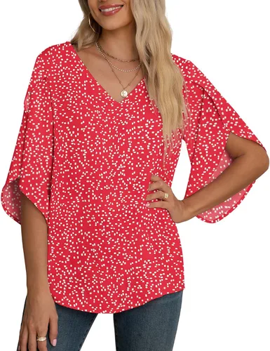 Vista 10 de Blusas de gasa con mangas 3/4 arrugadas de otoño para mujer de Jouica 01amy Verde