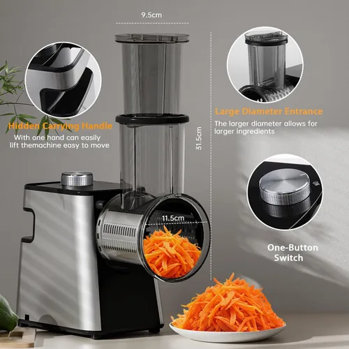 Vista 6 de Rallador de queso eléctrico 7 en 1, rallador de queso de 300 W para queso de bloque con 14 cuchillas, pelador y cepillo en Y, triturador automático