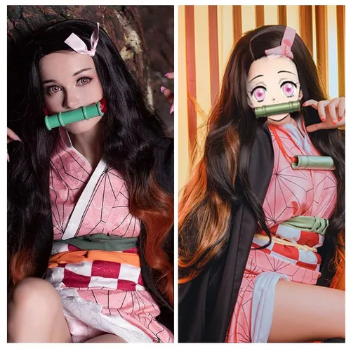 Vista 7 de Kamado Nezuko - Peluca de cosplay de Demon Slayer, fiesta de Halloween, anime Kimetsu sin personaje Yaiba, pelucas onduladas negras y naranjas