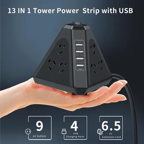 Vista 4 de Regleta protectora contra sobretensiones, salida triangular de 3 lados con 9 salidas de CA múltiples 4 puertos USB, cable de extensión de 6.5 pies