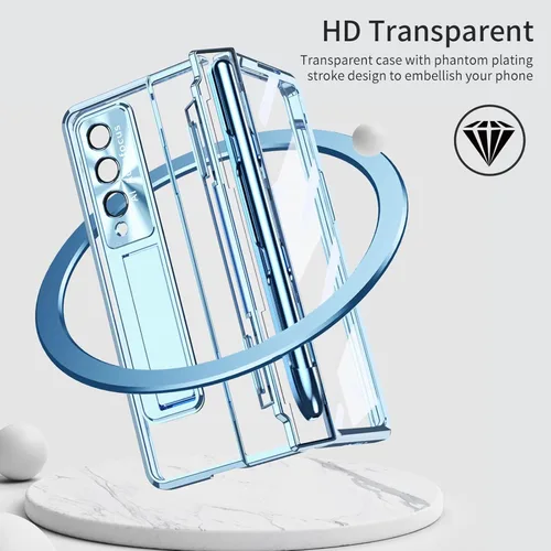 Vista 4 de Funda transparente para Samsung Galaxy Z Fold 3 con soporte para bolígrafo S y bolígrafo, diseño de una pieza con protector de bisagra Protector