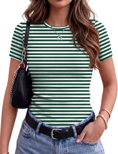 Vista 27 de Zeagoo Camiseta básica elástica de manga corta acanalada con cuello redondo Beige