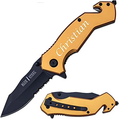 Vista 13 de GIFT INFINITY Navaja de bolsillo personalizada con grabado gratuito – Hoja de acero inoxidable media serrada, mango recubierto de titanio negro