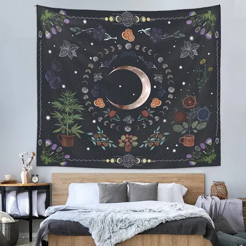Vista 3 de LINICE Tapiz de plantas, tapiz de fase lunar de la naturaleza para colgar en la pared, tapiz bohemio de mandala estético para decoración