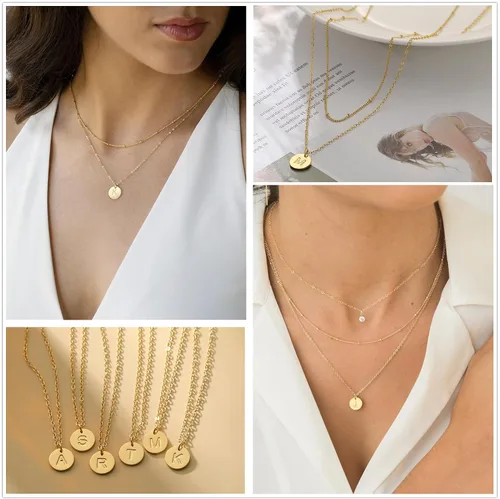 Vista 4 de Collares con inicial de oro para mujer, collar de monedas con letras delicadas en capas para mujer, gargantilla chapada en oro de 14 quilates, dije