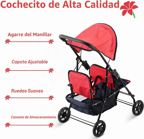 Vista 3 de Hushlily® Tandem - Cochecito de muñeca doble con toldo ajustable y cesta, plegable, con ruedas suaves (rojo y azul)