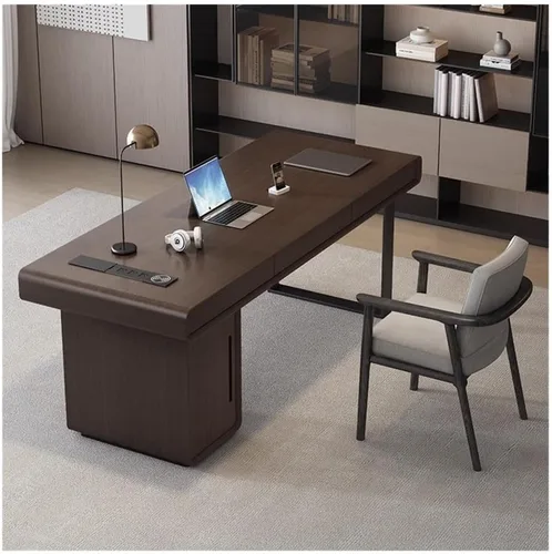 Vista 4 de Modern Executive Office Desk with Drawers and File Cabinet, Smoky Color Wood Writing Desk Workstation with Outlets(140cm)