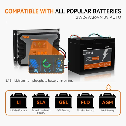 Vista 3 de Regulador de carga solar PowMr 80 A 12 V 24 V 36 V 48 V Auto, regulador solar de 80 amperios con parámetro ajustable, pantalla LCD y doble USB, apto