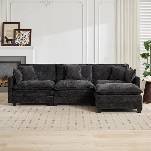Vista 318 de Sofá seccional modular verde de 111.5", sofás seccionales grandes de 3 plazas para sala de estar, sofá nube oversized de tela chenille con otomana