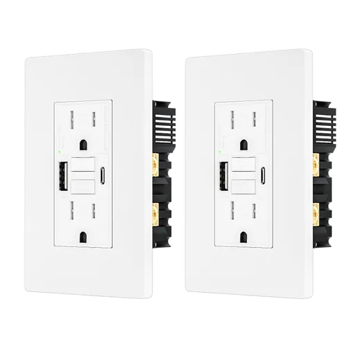 Vista 10 de Toma GFCI de 15 amperios con puertos de carga USB de 4.8 A/24 W tipo A y tipo C, autocomprobación, indicador LED, resistente a manipulaciones