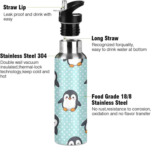 Vista 3 de Stainless Steel Vacuum Insulated Water Bottle 20 Oz, BPA-Free Sports Water Bottle for Gym Outdoor Travel School, Cute Cartoon Penguins Blue