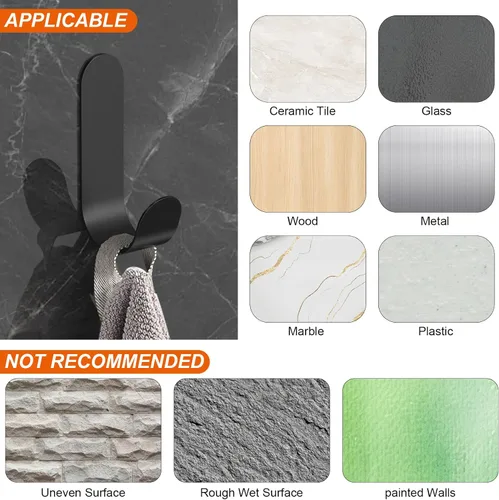 Vista 7 de ATDOALL Ganchos adhesivos para toallas, 20 ganchos de pared autoadhesivos de acero inoxidable, gancho de ducha negro resistente, impermeable, a