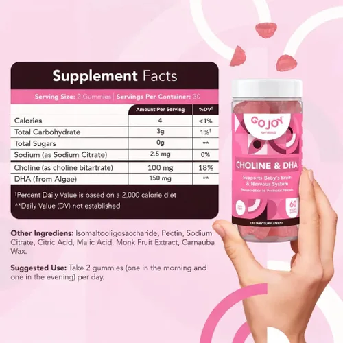 Vista 6 de GOJOY NATURALS Gomitas de colina prenatal y DHA - Suplemento vitamínico en gomitas desde la preconcepción hasta el posnatal para mujeres embarazadas