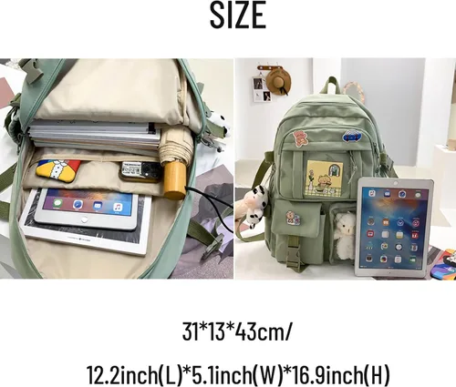 Vista 5 de Mochila Kawaii con lindos accesorios con colgante de pasador de viaje, bolsa grande para portátil al aire libre, impermeable, casual, mochila