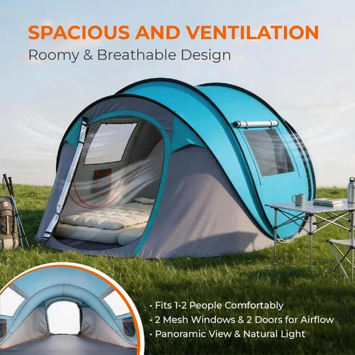 Vista 8 de Tienda de campaña desplegable fácil para 4 personas, instalación automática impermeable, 2 puertas, tienda de campaña familiar instantánea