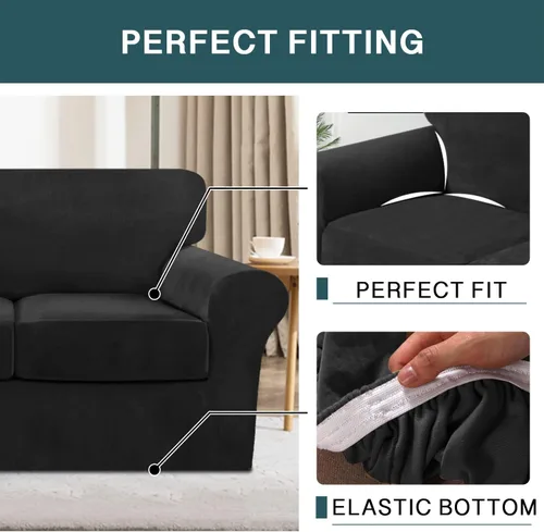Vista 5 de FantasDecor Fundas de terciopelo para sofá de 2 piezas para sala, con cojín individual, protector elástico de muebles para mascotas, lavable a Negro