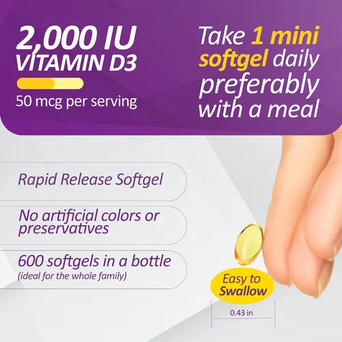 Vista 4 de Prati Donaduzzi Vitamina D3 2,000 UI (50 mcg) cápsulas blandas 600 unidades - Suplemento diario de sol para apoyo óseo y dental - Suministro