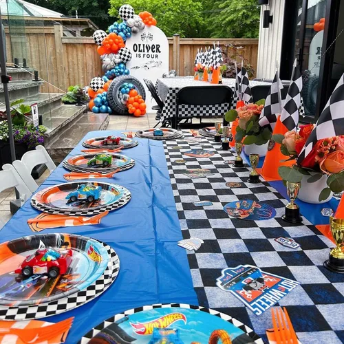 Vista 3 de VitaCraft Kit de guirnalda de arco de globos de coche de carreras, 128 piezas de arco de globos de mármol naranja, azul y negro, globos de aluminio