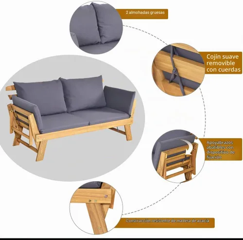 Vista 8 de Tangkula Sofá Cama Convertible de Madera de Acacia para Patio con Reposabrazos Ajustable, Sofá Cama de Exterior con Cojín y Almohadas, Banco Sofá