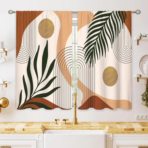 Vista 14 de Cortinas bohemias de cocina pequeñas de mediados de siglo, tratamiento abstracto moderno para ventana, bolsillo para cortinero, cortinas cortas