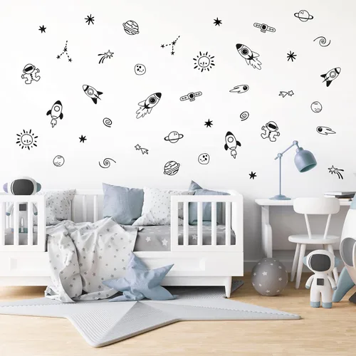 Vista 3 de Calcomanías de pared Space Galaxy para niños, habitación de bebé, cuarto de bebé y sala de estar. 40 piezas calcomanías adhesivas de vinilo