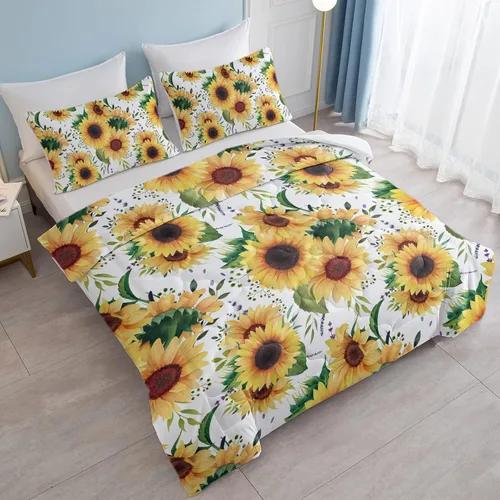 Vista 2 de Juego de edredón suave de lujo con diseño floral de girasol y hojas verdes, 1 edredón y 2 fundas de almohada Hoja verde