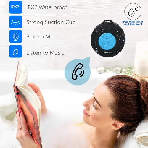 Vista 11 de TOPROAD - Altavoz Bluetooth impermeable, altavoces de ducha IPX7, pequeño altavoz portátil con clip y 2 ventosas, micrófono integrado, altavoz manos