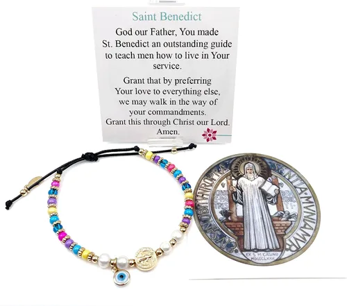 Vista 2 de Pulsera ajustable con cuentas de arco iris de mal de ojo de San Benito