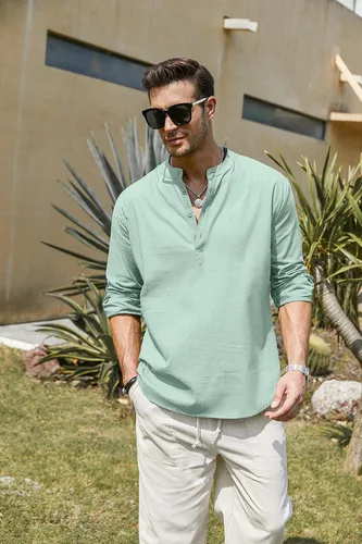 Vista 4 de COOFANDY - Camisa de lino y algodón con cuello Henley, de manga larga, estilo hippie, informal, camisetas de playa