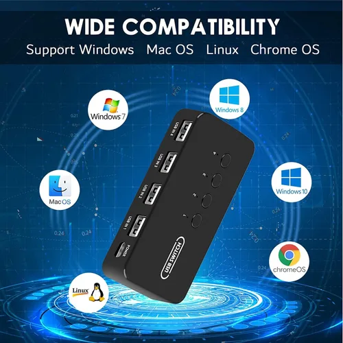 Vista 6 de Interruptor USB de 4 en 4 salidas, selector de conmutador USB de 4 puertos para 4 computadoras compartidas 4 dispositivos teclado, ratón, impresora