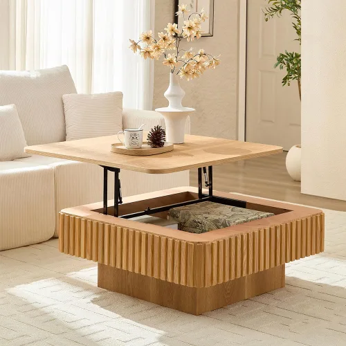 Vista 10 de WILLIAMSPACE Mesa de Café Redonda de 35.43" con Tablero de Piedra Sintética, Mesa Central Circular de Madera Moderna de Estilo Granja para la Sala