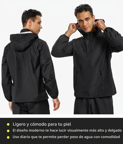 Vista 5 de Junlan - Chaqueta de sauna para hombre, chaqueta de sudor con cremallera, sudadera para entrenamiento, traje de sauna