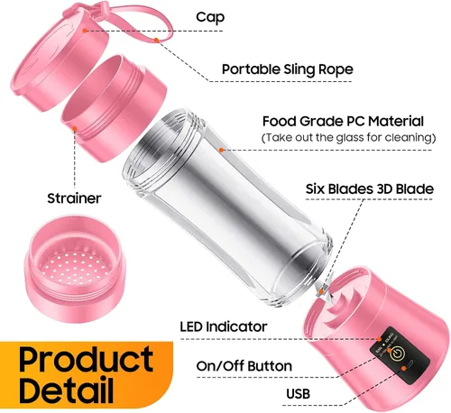 Vista 9 de Licuadora portátil inalámbrica de tamaño personal, licuadora de 12.8 fl oz, licuadora y batidos, taza de jugo de viaje sin BPA con potente mezcla
