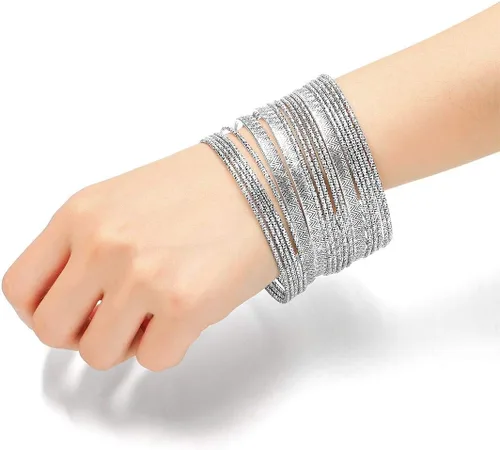 Vista 2 de Ensoul Juego de pulseras y brazaletes de metal con textura múltiple para mujer, 18 piezasjuego