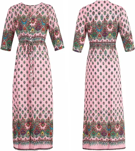 Vista 6 de R.Vivimos - Vestido bohemio a media pierna de verano para mujer con estampado floral, botones, tirantes delgados, cuello en V