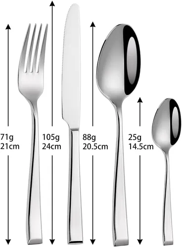 Vista 5 de Juego de cubiertos de 64 piezas para cubiertos de acero inoxidable 16, 18/10, mango cuadrado, juego de cubiertos para el hogar, cocina, restaurante